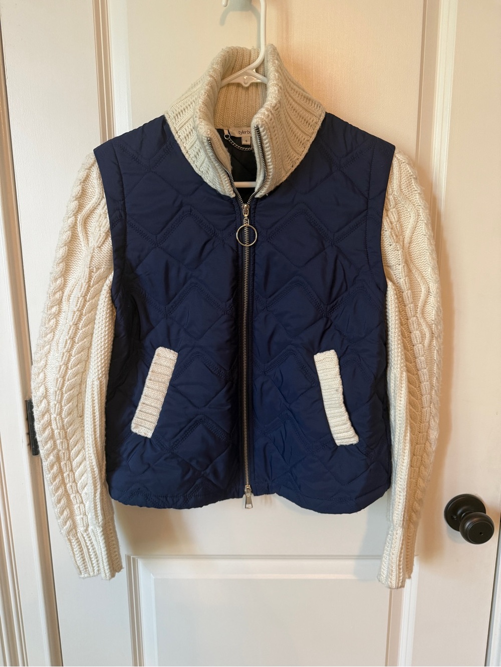 Tyler Boe Navy Quilted Front with Cream Cable-Knit Sleeve Jacket